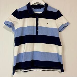 Tommy Hilfiger Men’s Short Sleeve Polo Blue & White Size Small EUC Casual Print